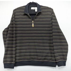 Koret K-Wear Mens Large Black Tan Striped Quarter Zip Mock Neck Pullover Sweater